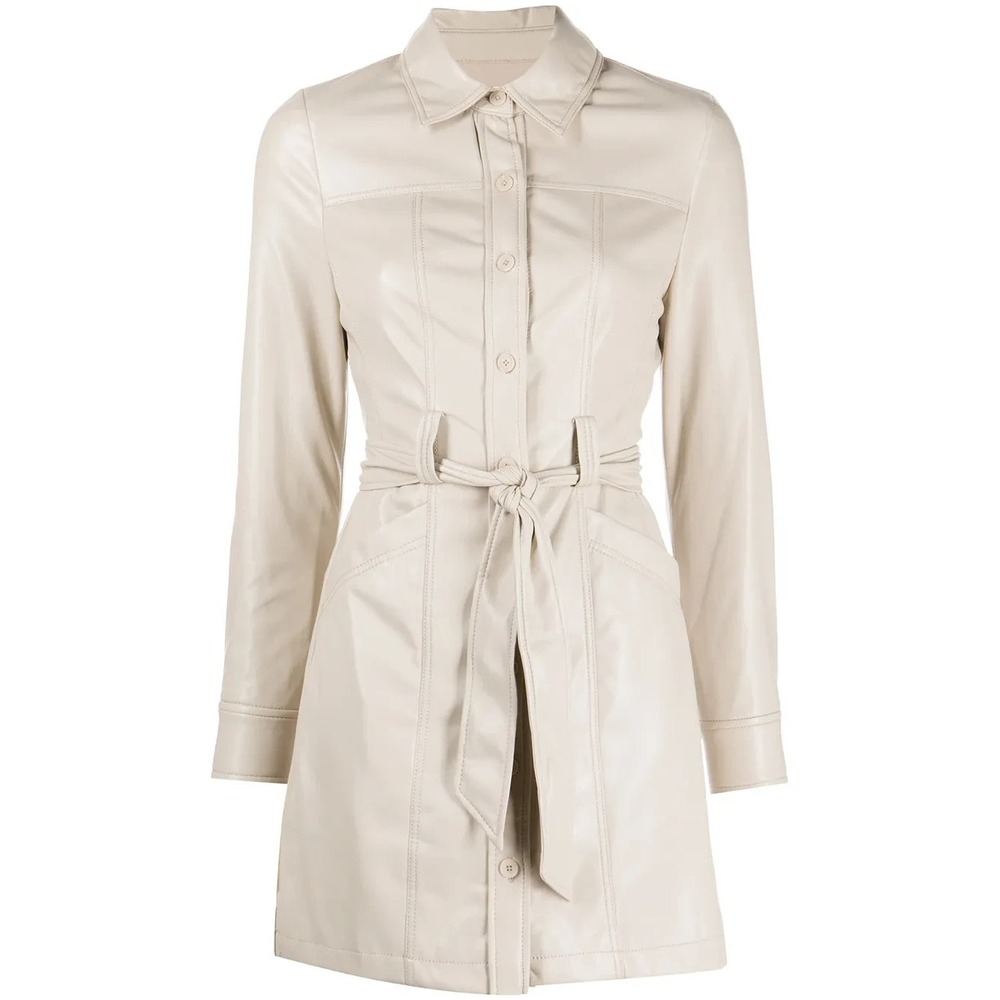 Jonathan Simkhai Standard Vegan Leather Shirt Dress Beige XL Button Front Belted